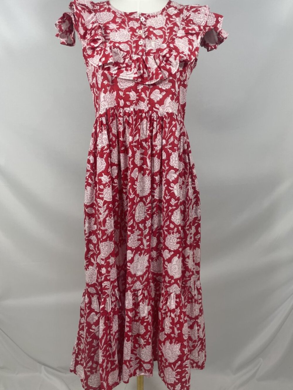 Mille Clementine Red White Floral Block-Print Ruffle Tiered Midi Dress Size XS